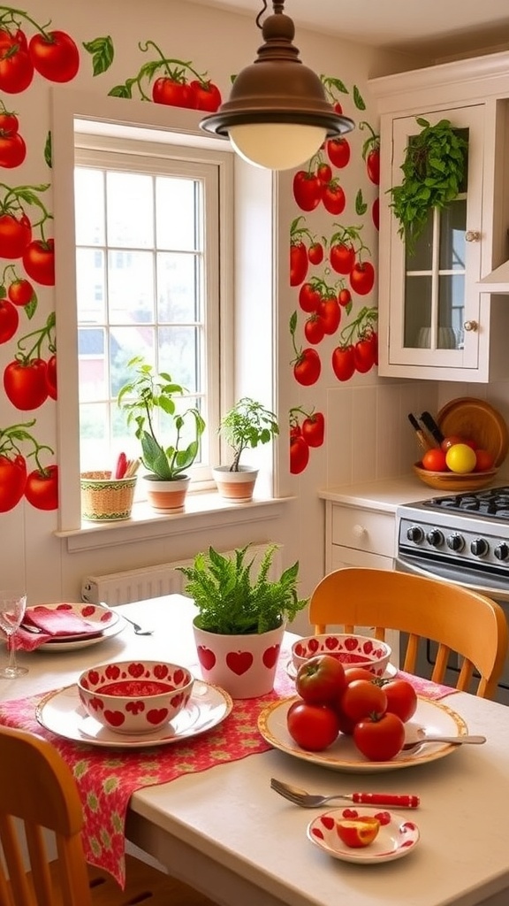 A kitchen with tomato-themed decor including wall art, tableware, and potted tomato plants.